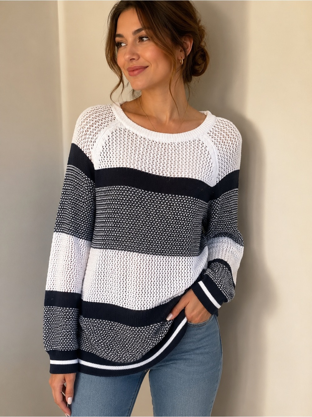 Tristan Open-Knit Striped Crewneck Sweater in White and Grey